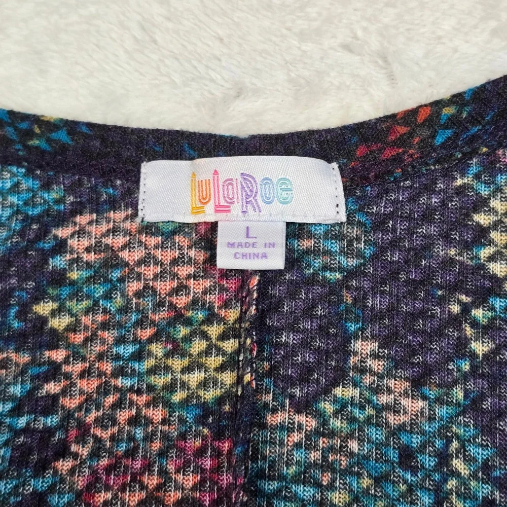 LuLaRoe Sarah Cardigan Large Open Front Duster Geometric Ribbed Knit Pockets